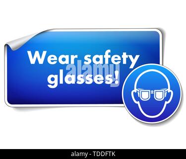 Wear safety glasses sign with sticker isolated on white background Stock Vector
