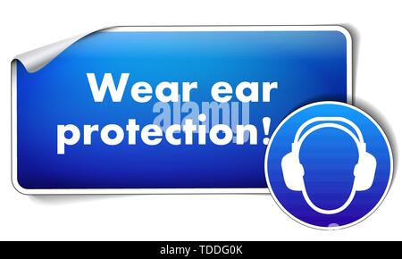 Wear ear protection sticker with sign isolated on white background Stock Vector
