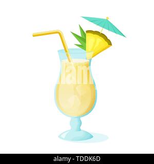 Pina Colada cocktail with pineapple slice, straw and umbrella. A glass of alcoholic drink isolated on white background. Vector illustration. Stock Vector