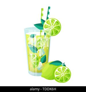 Glass of Mojito cocktail and lime. Vector illustration isolated on white background. Fresh summer drink with ice. Stock Vector