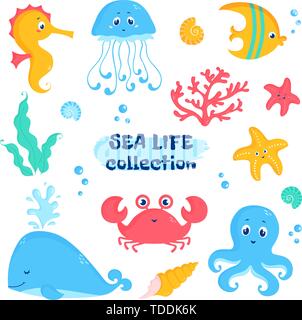 Sea animals and plants elements - whale, fish, crab, seahorse, octopus, starfish, jellyfish, shells, coral, seaweeds. Vector set of cute illustrations Stock Vector