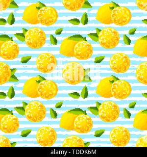 Seamless pattern with lemons. Striped background with citrus fruit and leaves. Vector illustration. Stock Vector