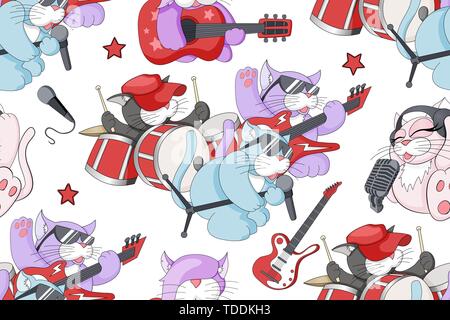 Seamless pattern with cute cartoon musical kittens on white background Stock Vector