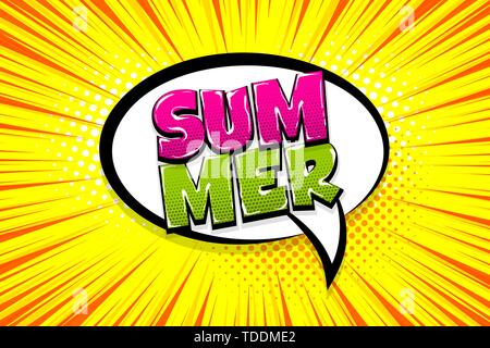 Summer comic text speech bubble pop art. Comics book halftone geometric background. Vector dialogue box balloon. Stock Vector