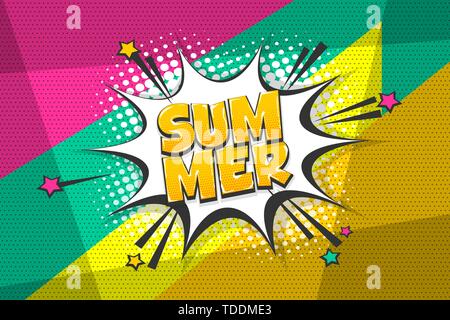 Summer comic text speech bubble pop art. Comics book halftone geometric background. Vector dialogue box balloon. Stock Vector