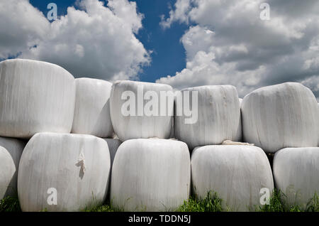 Garbage bales. Wrapped stacked bales round with white plastic film Stock Photo