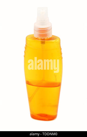 Transparent plastic spray bottle on a white background. Layout. Mockup. Packing Template. Orange Stock Photo