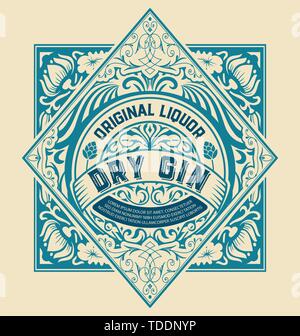 Gin label for packing with floral ornaments Stock Vector
