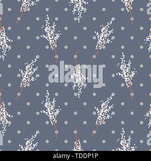 Bird cherry tree branches seamless polka dot blue pattern vector design. Stock Vector