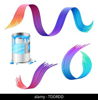 Open metal can of blue paint with rainbow paint strokes set Stock Vector