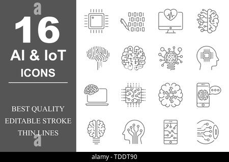 Simple set of Artificial Intelligence related vector line icons. Contains such icons as AI Processor, Cyborg, Self-learning and more. Editable Stroke Stock Vector