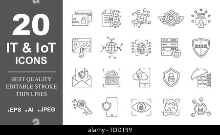 Cloud computing, internet technology, online services, data, information security, connection. Thin line web icon set. Outline icons collection Stock Vector