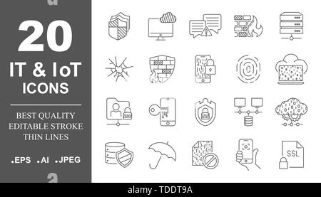 Cyber security, digital technology, IT, IoT, smart protection, networks. Simple icons set. Editable Stroke. Stock Vector