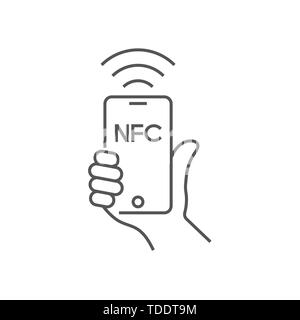 Near field communication, mobile phone with NFC module in hand, payment using smartphone, NFC vector line icon for apps and websites. Editable Stroke Stock Vector