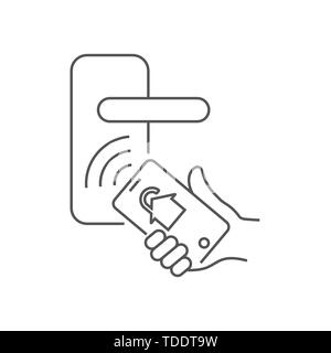 Smart house, smart lock, home automation. Smartphone with smarthome security app to unlock the door of house. Editable Stroke. EPS 10. Stock Vector