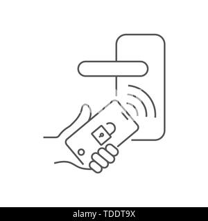 Hand hold smartphone and open the door with app installed on the phone. Concept of security of smart home. Editable Stroke. EPS 10. Stock Vector