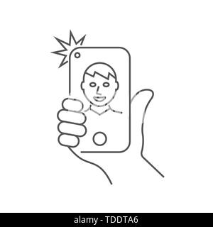 Hand is holding smartphone and the guy is taking a selfie. Editable Stroke. EPS 10. Stock Vector