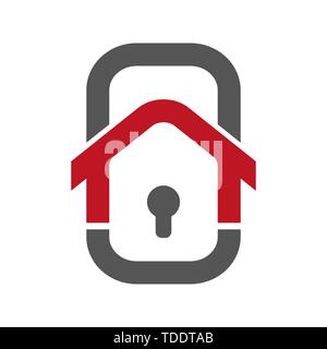 Home Security Logo Template. Concept of smart home security. Control of house using smartphone. Picture in the form of smartphone with logo of the Stock Vector