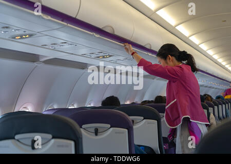 Airbus A320-200 aircraft cabin by Peach Aviation, a budget carrier based in Japan. Stock Photo