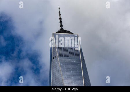 New York, USA - November 2018: Bottom up view of Freedom Tower of Financial District in Lower Manhattan, New York, USA. It is also called One World Tr Stock Photo