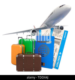 Airline boarding pass ticket and baggage. Travel concept, 3D rendering ...