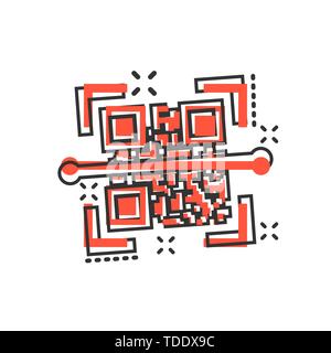 Qr code scan icon in comic style. Scanner id vector cartoon illustration on white isolated background. Barcode business concept splash effect. Stock Vector