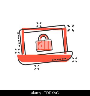Cyber security icon in comic style. Padlock locked vector cartoon illustration on white isolated background. Laptop business concept splash effect. Stock Vector