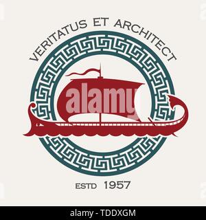 Docking or Shipyard Company Emblem with Ancient Greek ship Galley and meander Circle. Vector Illustration. Stock Vector