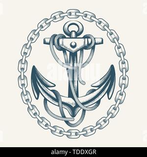 Anchor with Ropes in Circle of Chains drawn in tattoo style. Vector Illustration. Stock Vector