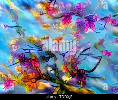 Abstract vivid painting with trees in bloom, watercolor Stock Photo