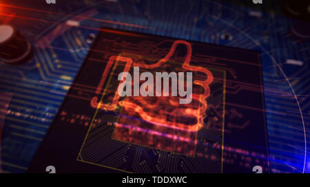 Thumb up sign hologram over working cpu in background. Like hand symbol, success and social media sign. Futuristic over circuit board 3d illustration. Stock Photo