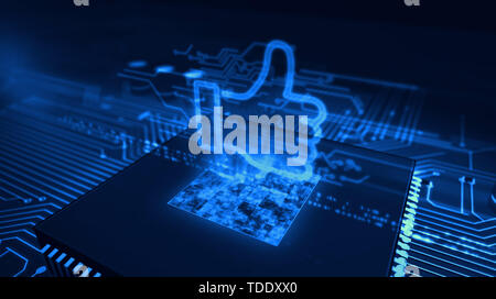 Thumb up sign hologram over working cpu in background. Like hand symbol, success and social media sign. Futuristic over circuit board 3d illustration. Stock Photo