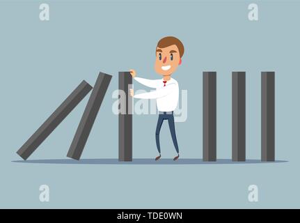 Businessman stopping falling domino vector concept. Symbol of crisis, risk, management, leadership and determination. Stock Vector