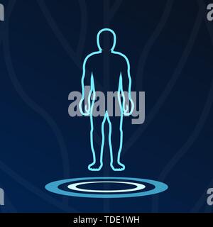 Medical hologram icons, human body digital symbol, science signs, dashboard ui. Stock Vector