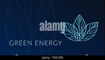 Green energy, hologram leaf logo design, green energy poster, blue energetic lights. Stock Vector