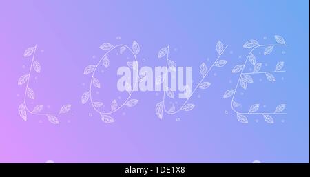 Valentines day card with love text one line drawing vector illustration, line art love text with leafs. Stock Vector