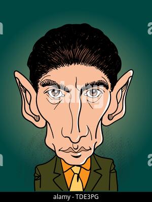 Franz Kafka cartoon portrait. He was a German-speaking Bohemian Jewish novelist and short story writer. Vector Stock Vector