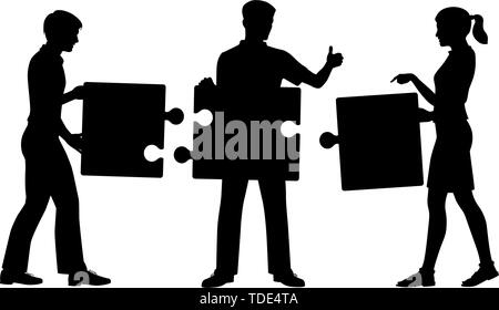 Editable vector silhouette of three people successfully putting together a simple jigsaw puzzle with figures and pieces as separate objects Stock Vector