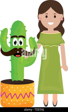 beautiful mexican woman with cactus characters vector illustration design Stock Vector