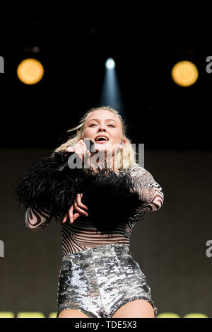 Florence, Italy. 14th June, 2019. The Swedish singer Zara Larsson performing live on stage at the Florence Rocks festival 2019 in Florence, Italy, opening for Ed Sheeran. Credit: Alessandro Bosio/Pacific Press/Alamy Live News Stock Photo