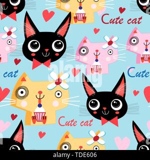 Seamless funny pattern of cats in love on a background with hearts Stock Vector