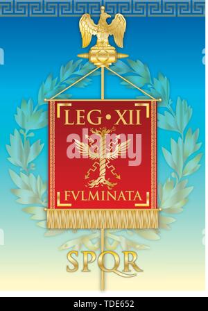 Legio XII Fulminata, ancient teaches banner legion of the Roman empire, vector illustration Stock Vector