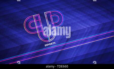 Esports championship light background. Vector illustration of abstract glowing neon colored sport cup and world map pattern over blue background Stock Vector
