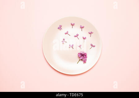Minimalistic style of pink plate with white lilac flower on a pink background Stock Photo