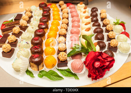 Small assorted cakes lined up decorated on dessert buffet with red rose and mint leaves on a white glass tray Stock Photo