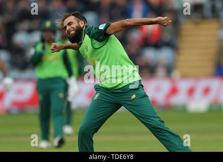 South Africa's Imran Tahir celebrates taking the wicket of Afghanistan's Asghar Afghan during the ICC Cricket World Cup group stage match at The Cardiff Wales Stadium, Cardiff. Stock Photo