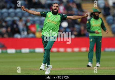 South Africa's Imran Tahir celebrates taking the wicket of Afghanistan's Asghar Afghan during the ICC Cricket World Cup group stage match at The Cardiff Wales Stadium, Cardiff. Stock Photo