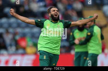 South Africa's Imran Tahir celebrates taking the wicket of Afghanistan's Asghar Afghan during the ICC Cricket World Cup group stage match at The Cardiff Wales Stadium, Cardiff. Stock Photo