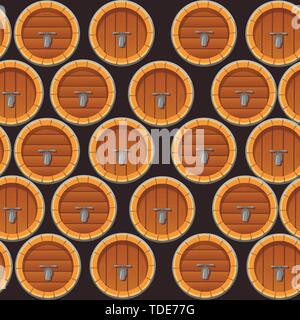 Seamless pattern of wooden wine or beer barrels flat vector illustration on dark background. Stock Vector