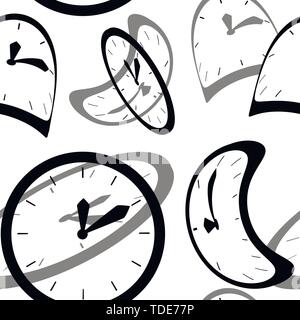 Black silhouette. Seamless pattern. Clock faces with pointers. Deformed and distorted clock face. Flat vector illustration on white background. Stock Vector